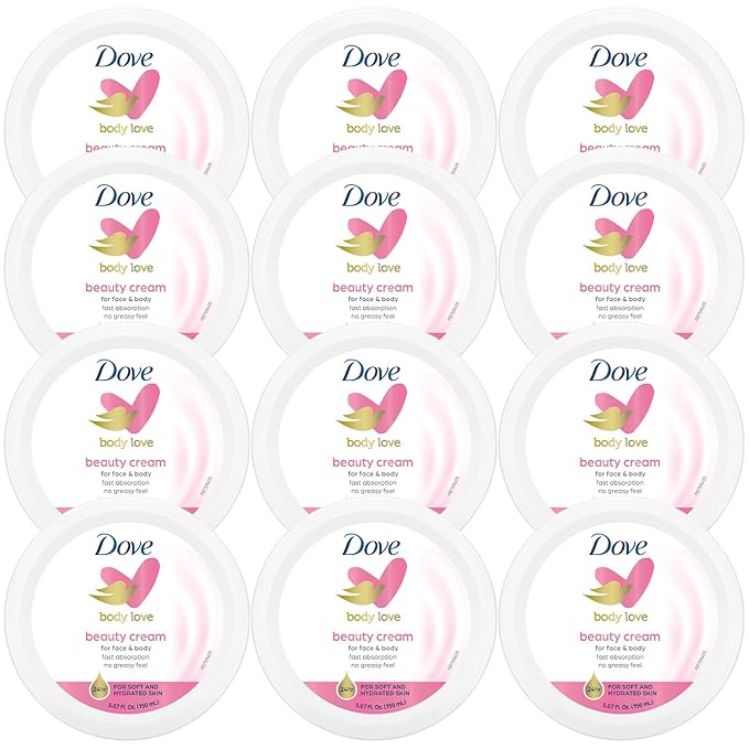 Dove Body Love Beauty Cream, Lightweight, Fast-Absorbing Face and Body Cream for Normal to Dry Skin, 24-Hour Moisture, Luxuriously Scented Face Cream, Hand & Body Lotion, 5.07 Fl Oz (Pack of 12)