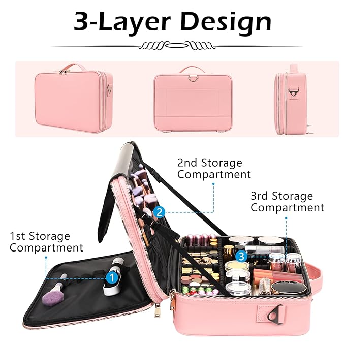 gzcz Travel Makeup Case 16.2 Inches Large Capacity Cosmetic Bag Organizer Portable Waterproof Artist Storage Bag with Adjustable Dividers and Shoulder Strap for Make up Brushes Jewelry (Pink)