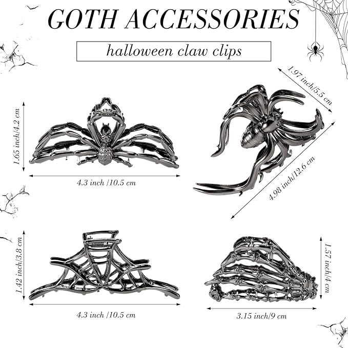 4 Pack Halloween Hair Clips, Large Metal Claw Clips with Spider Webs Skeleton Decor for Women and Girls Thick Long Hair Styling, Goth Accessories Christmas Gifts (black)
