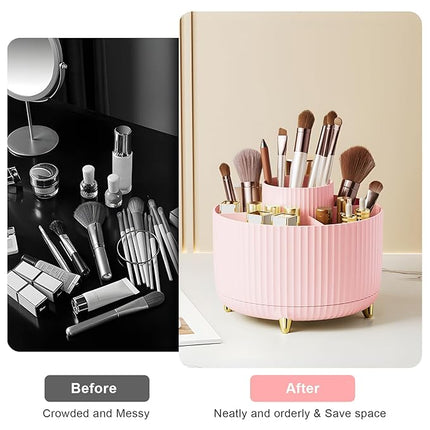 Diesisa Makeup Brush Holder Organizer,360° Rotating Makeup Brush Organizer,5 Slot Make up Brushes Cup for Cosmetics, Nail Polish, Art Supply, Bathroom Vanity Desktop Organizer - Pink