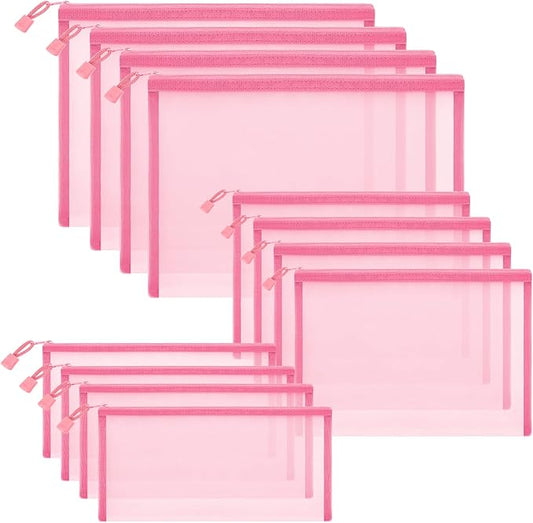 12 Pieces Zipper Nylon Mesh Pouch, Mesh Cosmetic Bags Makeup Bags Pencil Case, Multipurpose Travel Bags for Cosmetic School Office Supplies and Travel Accessories (Light Pink, Assorted Sizes)