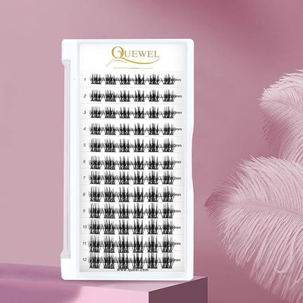 QUEWEL Cluster Lashes 72 Pcs Wide Stem Individual Lashes C/D Curl 8-16mm Length DIY Eyelash Extension False Eyelashes Soft for Personal Makeup Use at Home (Fluffy02-D-12)
