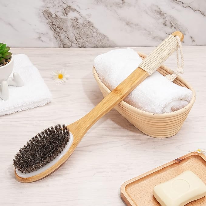 Bamboo Shower Brush with Curved Long Handle, 16.7 Inches Exfoliating Back Scrubber with Natural Bristles for Men & Women, Back Exfoliator Body Washer for Bath or Dry Brushing