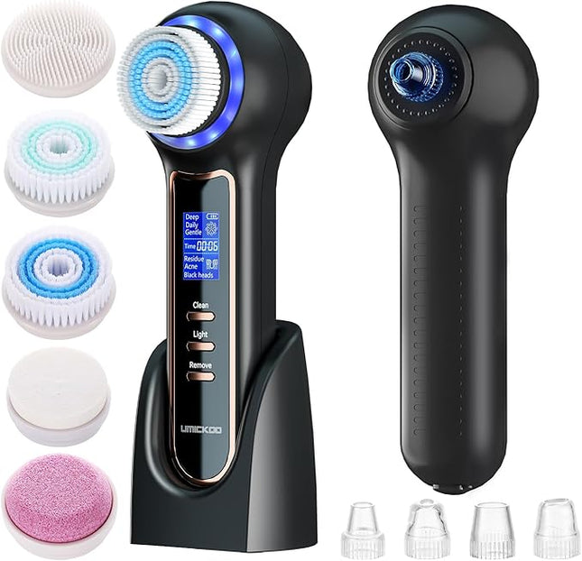 Electric Facial Cleansing Brush with LCD Screen, 3-in-1 Face Scrubber & Optional Blackhead Remover, Rechargeable, IPX7 Waterproof, Gentle Daily & Deep Cleaning for All Skin Types