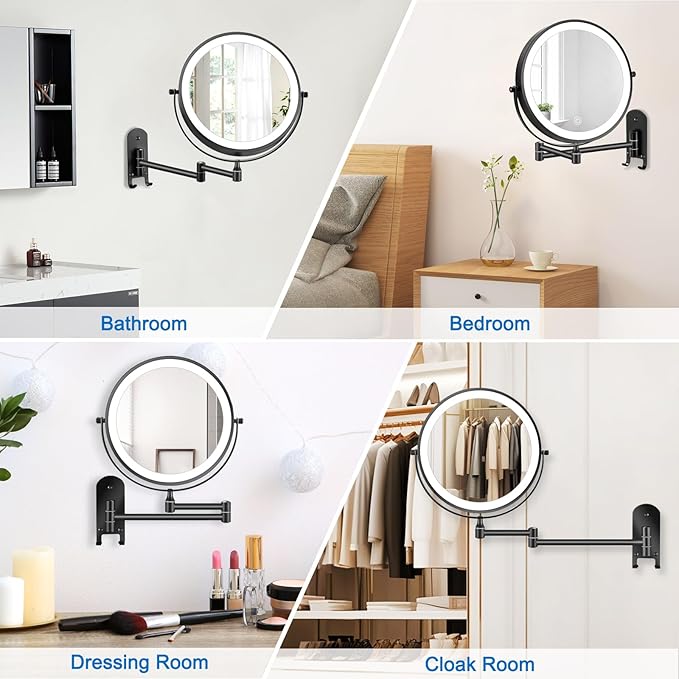 9" Rechargeable Wall Mounted Lighted Makeup Mirror, Double Sided 1X/10X Magnifying Mirror with 3 Color Lights Dimmable, Bathroom Mirror with Hook, Black