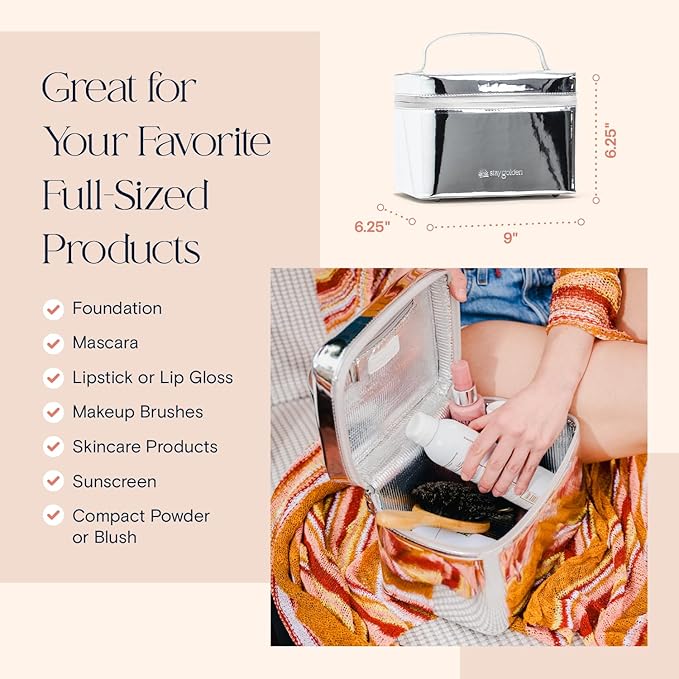 Large Insulated Metallic Silver Travel Makeup Case - Waterproof Vegan Leather Beauty Travel Skincare Bag - Heat-Resistant Zippered Designer Makeup Bag Shields Cosmetics from Melting, Freezing