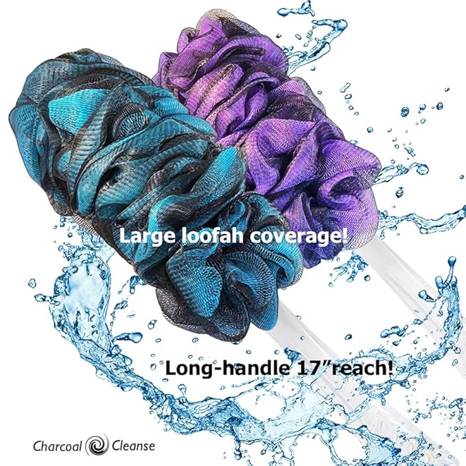 SHOWER BOUQUET Loofah-Charcoal Back-Scrubber Color-2-Pack // Long-Handle-Loofa-Lufa Bath-Sponge Brush/Extra Large Soft Mesh for Men & Women - Exfoliate with Full Pure Cleanse in Bathing Accessories