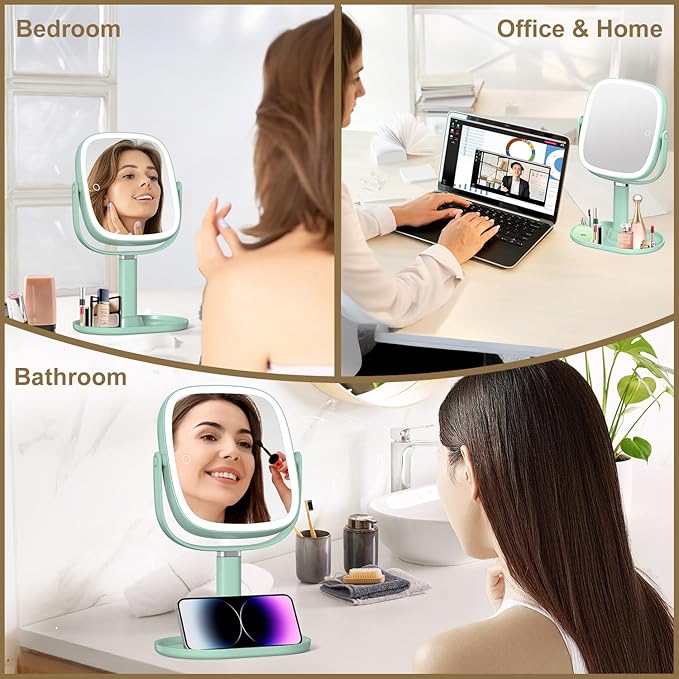 Mocado Makeup Mirror with Lights, 1X/20X Magnifying Mirror with Light, Vanity Mirror with 3 Colors Lights, Height Adjustable Lighted Makeup Mirror, Double Sided 360°Rotation, Memory Function (Green)