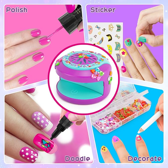 BATTOP Kids Nail Art Kit for Girls Ages 7-12 with Nail Dryer & 2 in 1 Water Based Nail Polish Pen & 3D Decoration & Sticker and Nail Flier - Idea Birthday Gifts for Girls 7 8 9 10 11 12