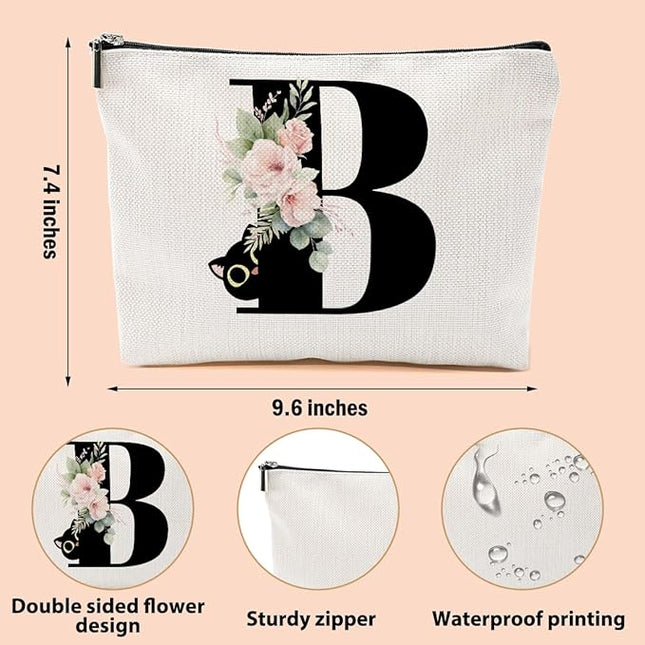 Floral Cat Initial Makeup Bag, Personalized Skin Care Bag, Travel Organizer Toiletry Bags for Women Mom Friends, Cosmetic Bags Makeup Pouch with Zipper, Letter B