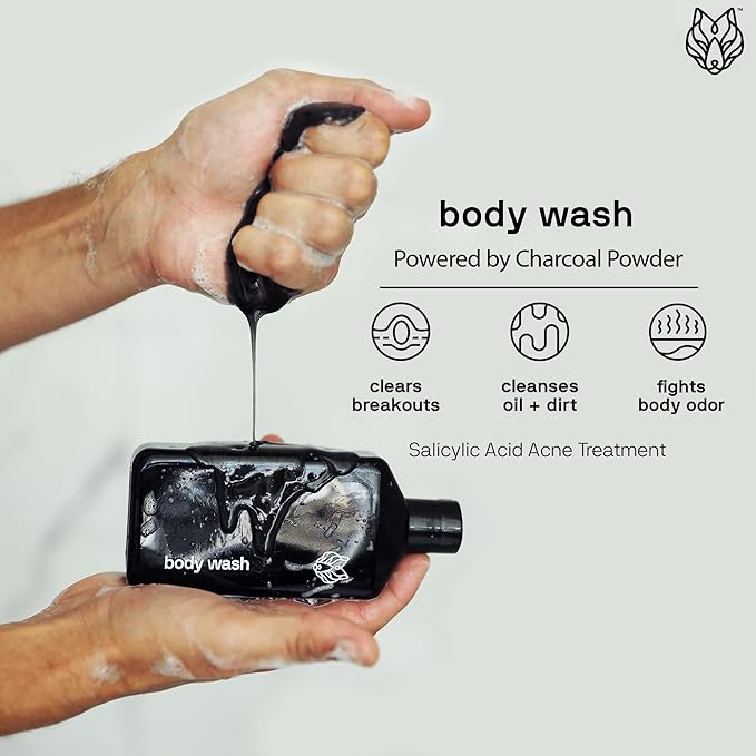 Black Wolf Charcoal Powder Face and Body Wash Bundle for Oily Skin, Deep Clean- 2pc Bundle- Charcoal Powder and Salicylic Acid Reduce Acne Breakouts and Cleanse Your Skin- Gift Set for Men