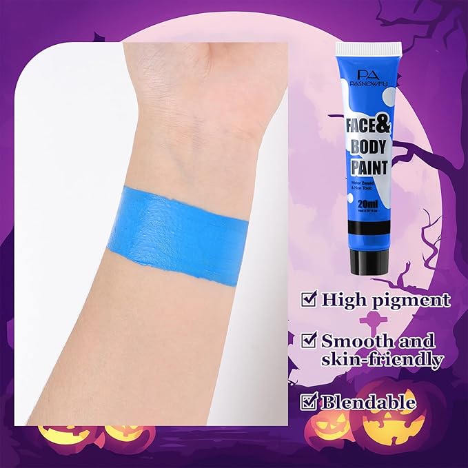 Blue Face Paint - Professional Water-Based Non-Toxic Body Painting for Smurf Alien Frankenstein's Monster Halloween SFX Cosplay, Highly Pigmented Washable paint for Costume Party Stage