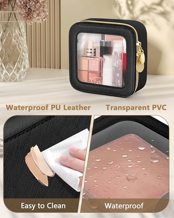 Clear Makeup Bag, Portable Travel Cosmetic Bags, Multipurpose Leather Toiletry Bag with Zipper, Waterproof Transparent Cosmetic Organizer for Women, Mini, Black