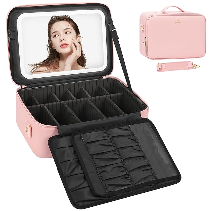 Relavel Makeup Bag with LED Mirror, 16.2 inches Large Professional Makeup Case for Makeup Artists, Travel Portable Cosmetic Organizer Storage Box, Vanity Case with 3 Colors Lighted Mirror, Pink