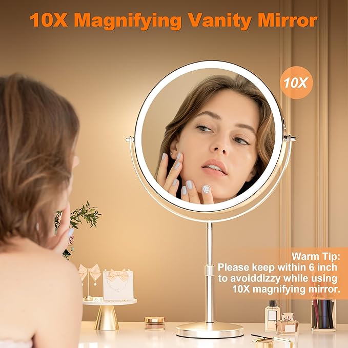 Hasipu 10-inch Lighted Makeup Mirror with Magnification, Rechargeable 3000 mAh Vanity Mirror with Lights, Desk Mirror with Dimmable Brightness, 3 Lighting Modes, Height Adjustment, Nickel