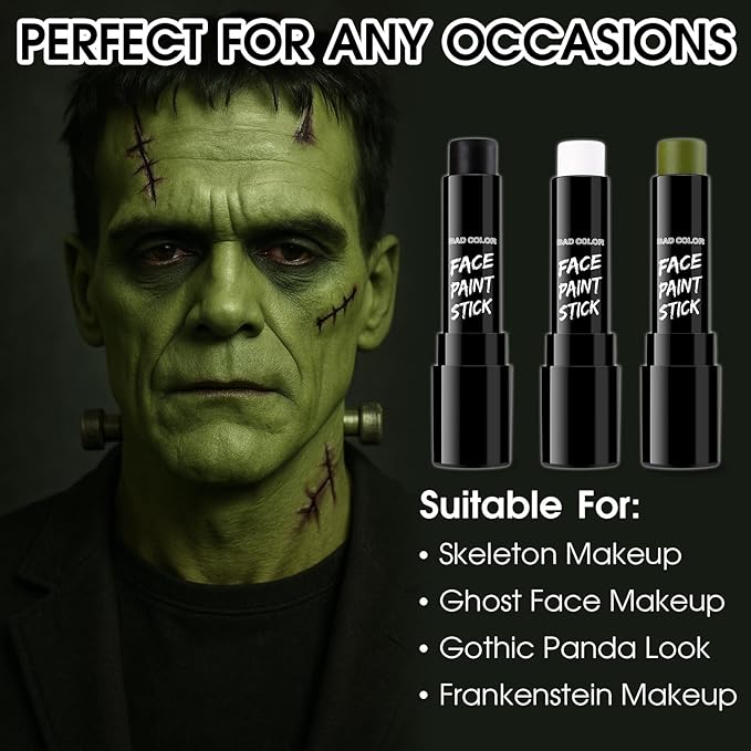BAD COLOR 3PCS Black White Orge Green Face Body Paint Stick Makeup for Frankenstein/Witch/Grinch/Hulk/Alien/Demon/Evil Clown SFX Cosplay & Dress Up, Full-Coverage Halloween Facepaint Makeup Kit