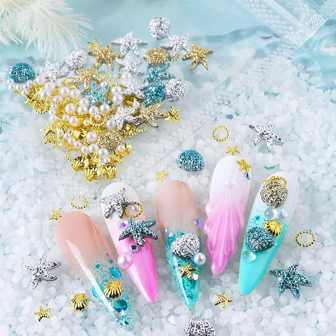 Summer Nail Art Rhinestones,Shiny Shell Starfish Nail Charms 3D Resin Nail Art Charms Metal Star Seashell Starfish Theme Summer Charms for Acrylic Nails Pearl for Women DIY Accessories Decor
