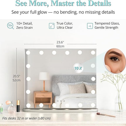 LUXFURNI Hollywood Glamour Vanity Mirror with 4 Extra Bottom Bulbs | Shadow-Free, Perfect Makeup View | Desk & Wall Mountable | 3 Color Modes for Office, Outdoor, Party Looks | USB Charging