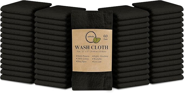 Softolle 100% Cotton Ring Spun Wash Cloths – Bulk Pack of Washcloths – 12x12 Inches – Wash Cloth for Face, Highly Absorbent, Soft and Face Towels (Black, 60 Pack)