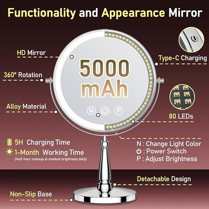 Makeup Mirror with Lights, 20X Magnifying Mirror with Light for Women, 5000 mAh Vanity Mirror with Lights and 3 Colors, 2-Sided Lighted Magnified Mirrors for Delicate Makeup, 9 Inch