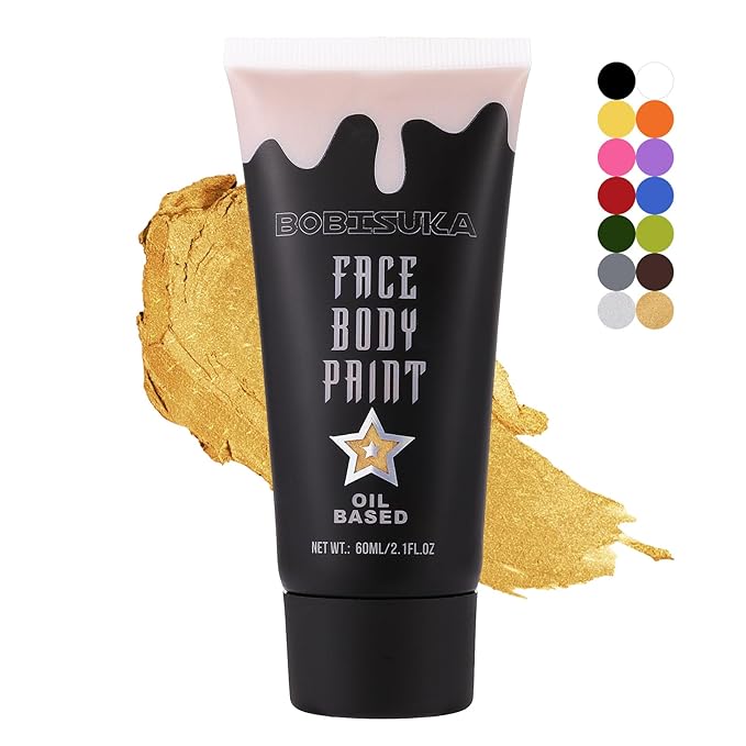 BOBISUKA Gold Face Body Paint, Metallic Oil-based Painting Kit, Cream Blendable Facepaint for Halloween Cosplay, Costume, Parties, Stage, Theater, SFX Special Effect Makeup（2.1 Fl.oz）