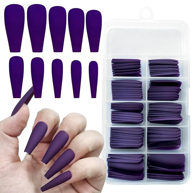 LoveOurHome 100pc Coffin Press on Nails Long Fake Nails Matte Full Cover False Nails Press ons Artificial Nail Medium Ballerina Fake Fingernail Violet Presson on Nail Tips for Women Kids Girls