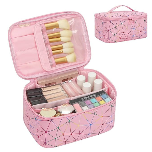 OCHEAL Makeup Bag - Portable Large Capacity Travel Cosmetic Case for Women with Handle and Divider Toiletry Organizer for Girls on the Go -Geometric Pink