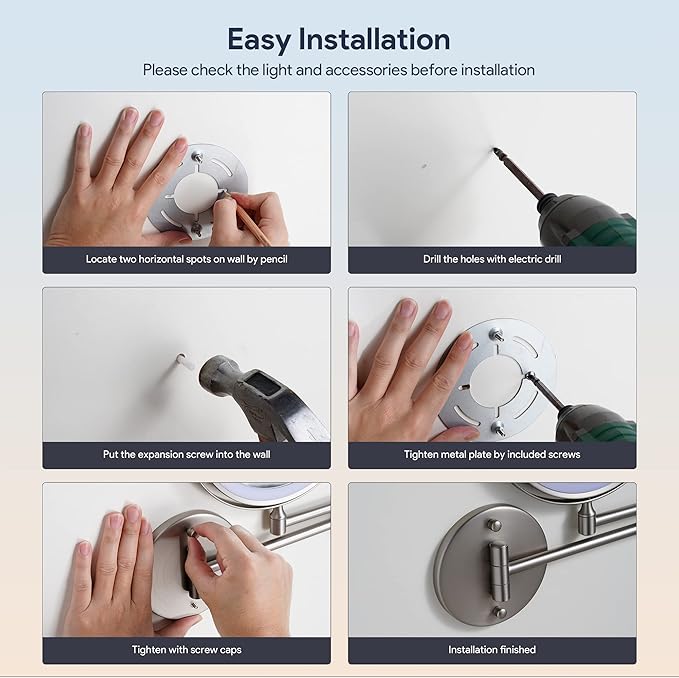 Rocollos Rechargeable Wall Mounted Lighted Makeup Mirror, 8 Inch Double-Sided LED Vanity Mirror 1X/10X Magnification,3 Color Lights Touch Screen Dimmable 360°Swivel 13 Inch Extendable