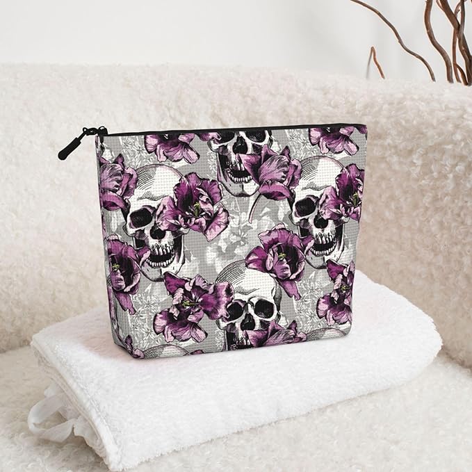 MOLAIGIN Skull Purple Flower Cosmetic Bag For Women, Travel Makeup Bag, Toiletry Zipper Bag, Large Capacity Aesthetic Cases