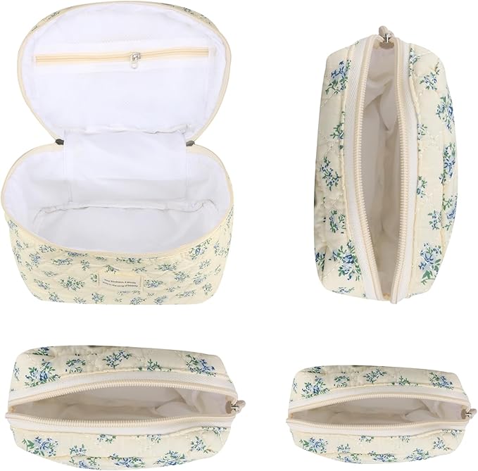 VIWIME Makeup Cosmetic Bag, Large Cotton Quilted Travel Coquette Aesthetic Cute Floral Make up Bag for Women Toiletry Bag Organizer(Blue Rose/4Pcs)
