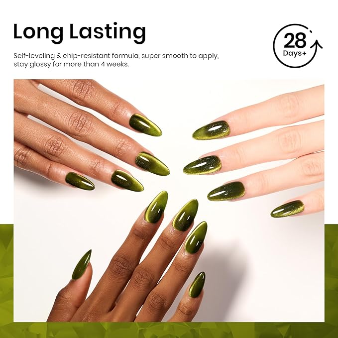 Beetles Olive Green Cat Eye Gel Nail Polish, 15ML Holographic Glitter Magnetic Soak Off UV Nail Art Manicure Gifts for Women