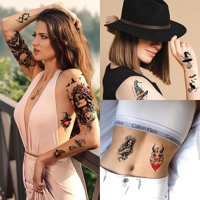 77 Sheets Halloween Temporary Tattoos, Witch Makeup Kit, Scary Witch Hat Cat Skull Bat Crow Black Moon Horro Half Arm Fake Tattoo Stickers for Adult Women Boy Girl