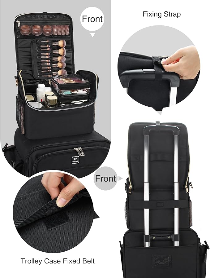 Large Makeup Carrying Train Case, Makeup Bag with 2 Small Bags, Professional Makeup Artist Bag Tattoo Case Travel Makeup Organizer Box with Adjustable Dividers and Shoulder Strap (Black)