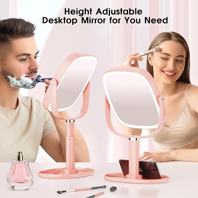 Makeup Mirror with Lights - 10x/1x Magnifying Mirror with Light, Rechargeable Desk Mirror with 3-Color Lighting & Memory Function, 360° Adjustable Table Mirror, Gift for Women (Pink)