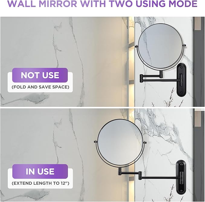 Wall Mounted Makeup Mirror - 1X/15X Magnifying Makeup Mirror with Extended Arm 360°Swivel Vanity Mirror, 8.5in Double Sided Mirror for Bathroom, No Lights