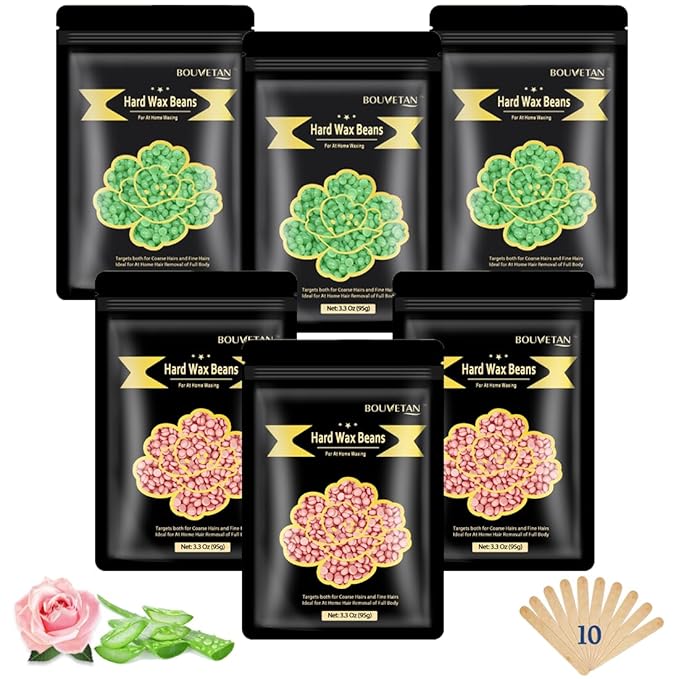 Wax Beads for Hair Removal, Bouvetan 1.3Lb/21oz Hard Wax Beans for Brazilian Waxing, Hard Wax for Eyebrow, Face, Bikini, Legs, Arms for Women Men Hair Removal with 10pcs Spatulas, 6 Packs