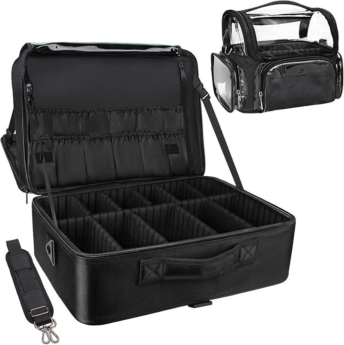Relavel Extra Large Makeup Case and Makeup Brush Holder Bag, Professional Makeup Organizer, Large Capacity with Adjustable Dividers and Shoulder Strap (Black)