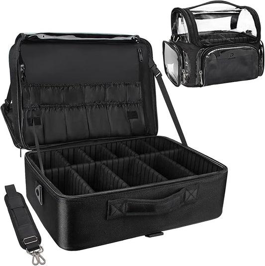 Relavel Extra Large Makeup Case and Makeup Brush Holder Bag, Professional Makeup Organizer, Large Capacity with Adjustable Dividers and Shoulder Strap (Black)