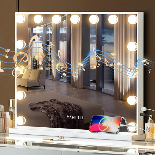 VANITII Vanity Hollywood Mirror with Lights Speaker USB Charging Lighted Makeup Mirror with Bulbs 3 Lighting Modes and Desktop Light up Mirror for Bedroom Dressing Room