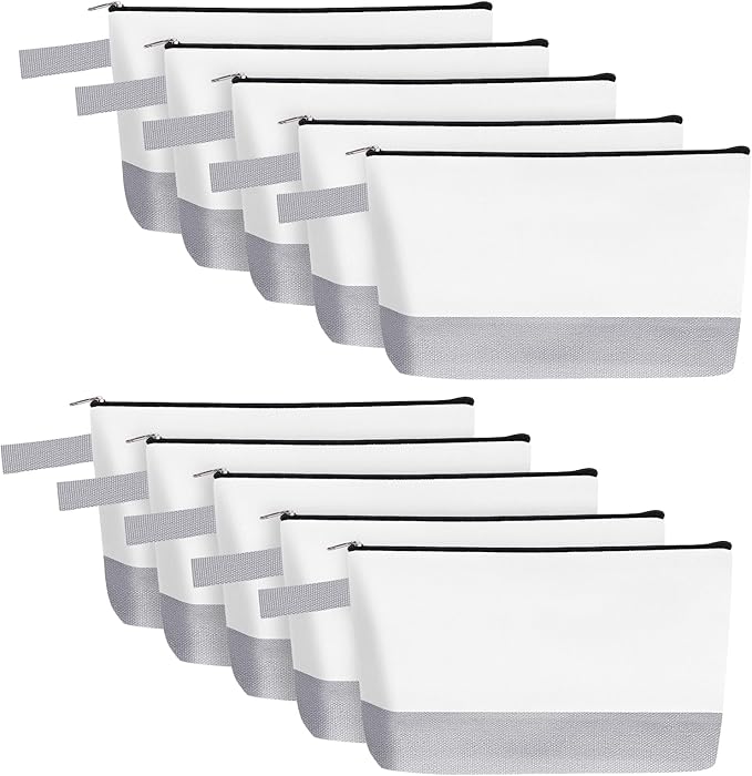 10 Pieces Cotton Canvas Makeup Bag with Bottom and Strap, Multi-Purpose Cosmetic Bag with Zipper Travel Toiletry Pouch, Blank DIY Craft Bag (White&Grey, XS)