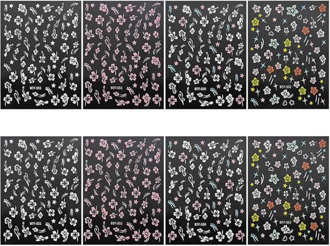 Dornail 8 Sheets 3D Colorful Flower Nail Stickers,Hollow White Hibiscus Flowers Nail Art Stickers Blooming Pink Hibiscus Floral Leaf Nail Decals for Women DIY Nail Art Supplies Nail Designs Nail Decor