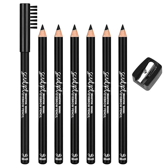 6Pcs Eyebrow pencil wooden，Brow Kit with Brush and Sharpener，Eyebrow Pencils for Women，Fine Tip Eye Brow Eye Liner for Eye Makeup,Shapes, Defines, Fills Brows (Blackest Black-06)
