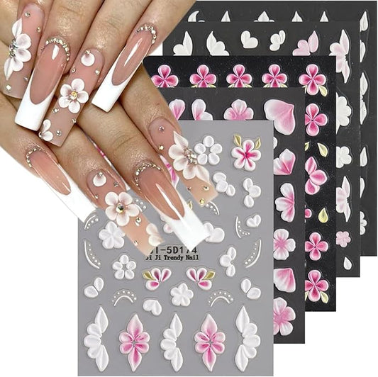5D Embossed Flowers Nail Art Stickers, 5PCS Self-Adhesive Pink White Flower Sticker Floral Petals Cherry Blossom Butterfly Nail Decals French Tips Design Pegatinas para Uñas
