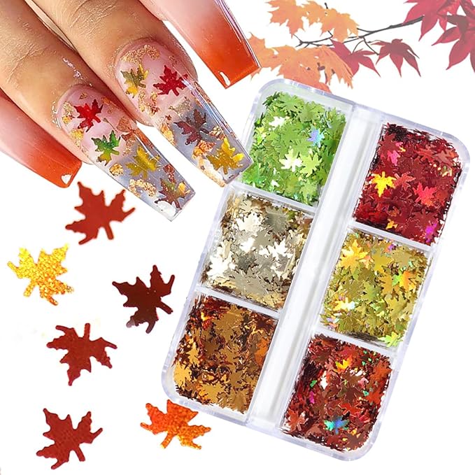 Maple Leaf Nail Art Glitter Sequins 3D Fall & Autumn Maple Leaves Holographic Confetti 6 Colors Laser Leaf Glitter Flakes for Women's Thanksgiving Nails