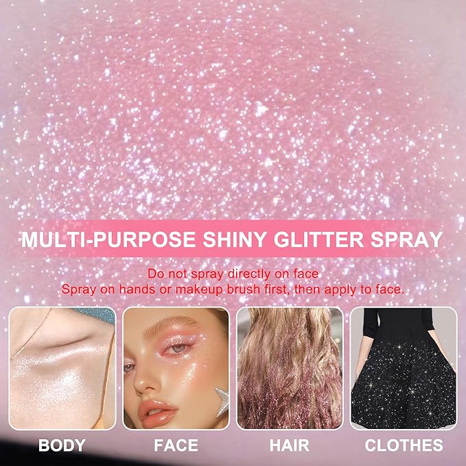 Hair and Body Glitter Spray, Holographic Glitter Highlighter Powder, Hairspray for Clothes, Face Body Shiny Glitter, Loose Shimmer Hairspray Festival Rave Prom Accessories, 4.22 Fl Oz (Pink)