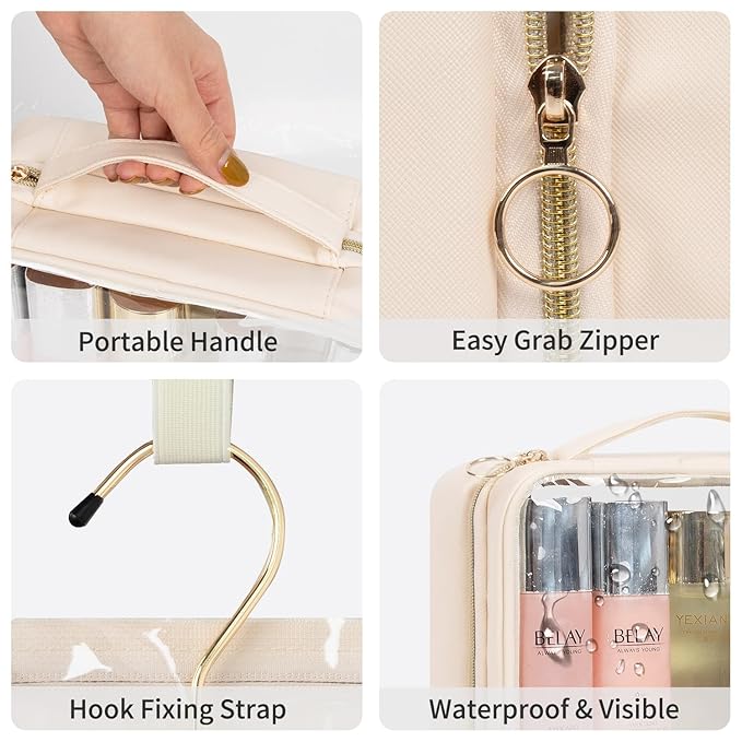 CUBETASTIC Clear Makeup Bags, Travel Make Up Organizer Storage Case, Hanging Toiletry Bag with Zipper Compartment, Small Travel Bag for Toiletries Portable Cosmetic Skincare Pouch with Handle