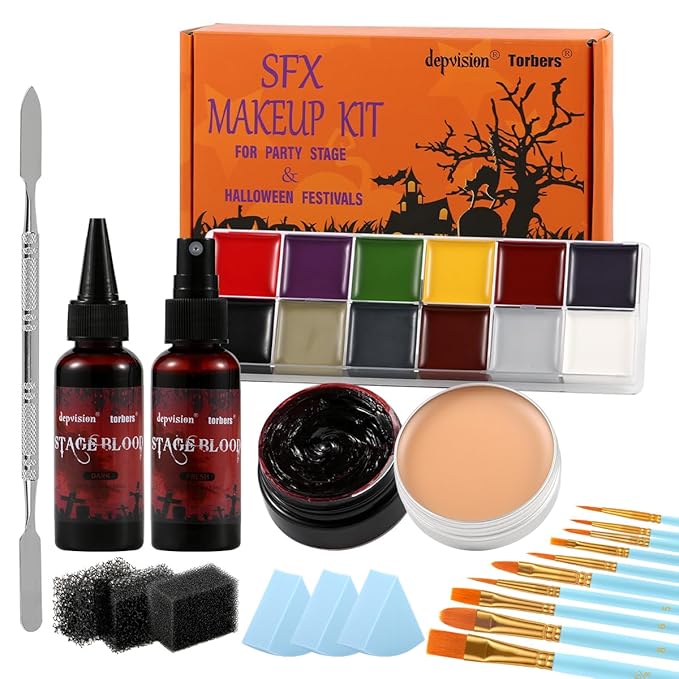 Depvision SFX Makeup Kit Halloween Makeup Set Professional Face Body Paint Special Effects Makeup Set with Fake Blood Scar Wax Oil Body Paint Sponges Brushes for Halloween Party SFX Cosplay
