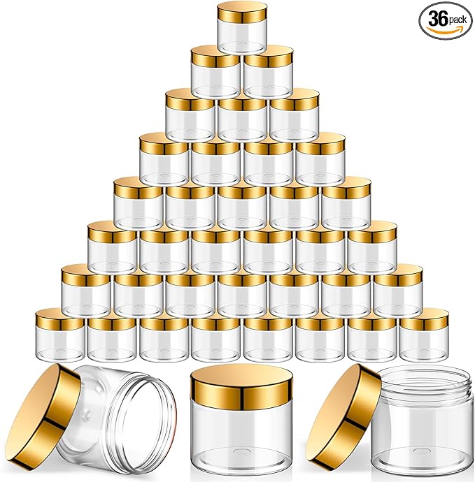 SATINIOR 36 Pieces 2 oz Plastic Jars with Lids Wide Mouth Airtight Reusable Container Acrylic Cosmetic Small Jars for Lotions Ointments Travel Toiletries Creams Make up Storage(Gold)