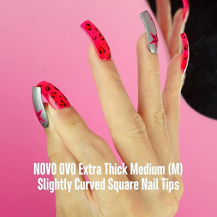 NOVO OVO Halloween Medium Slightly Curved Nail Tips Press on Full Cover, Thick Square Eagle Claw Hawk Curve Gel x Acrylic Fake Nails Extension kit, Clear Pre-etched French False Nail x 15 Sizes 240pcs