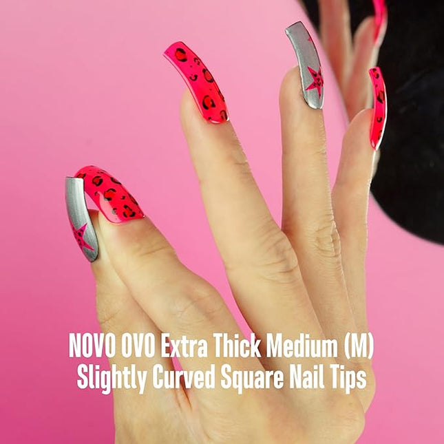 NOVO OVO Halloween Medium Slightly Curved Nail Tips Press on Full Cover, Thick Square Eagle Claw Hawk Curve Gel x Acrylic Fake Nails Extension kit, Clear Pre-etched French False Nail x 15 Sizes 240pcs